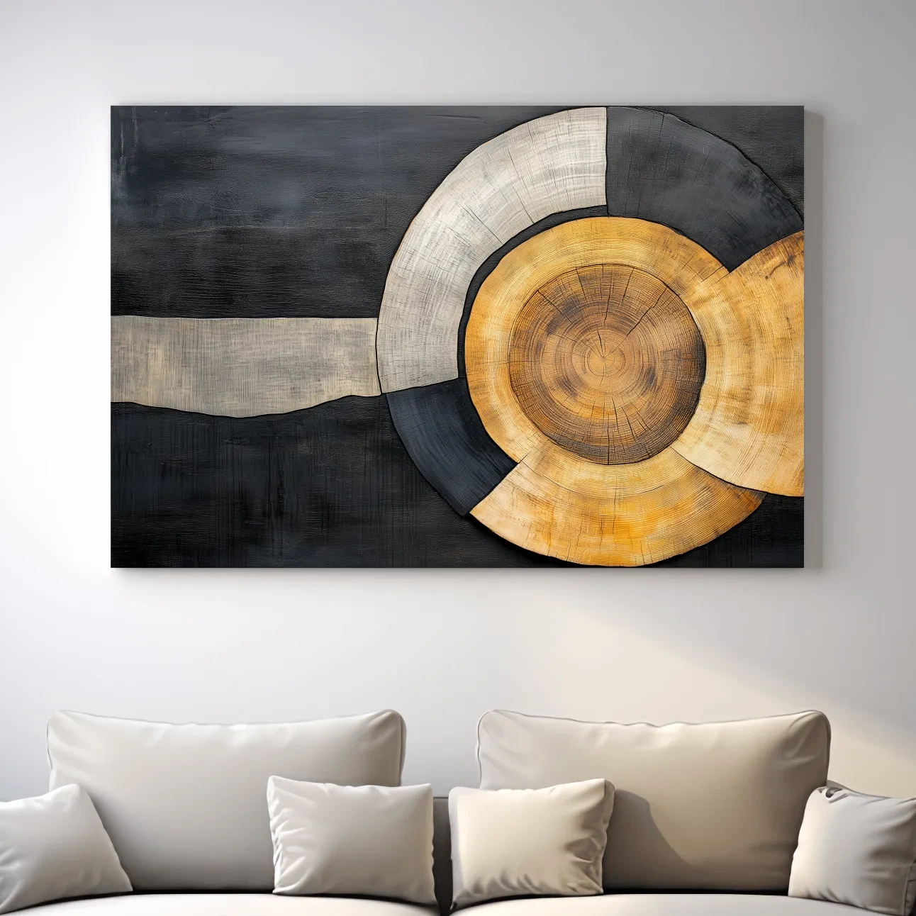 Wood grain cut log modern wall art, circular concentric design with earthy tones