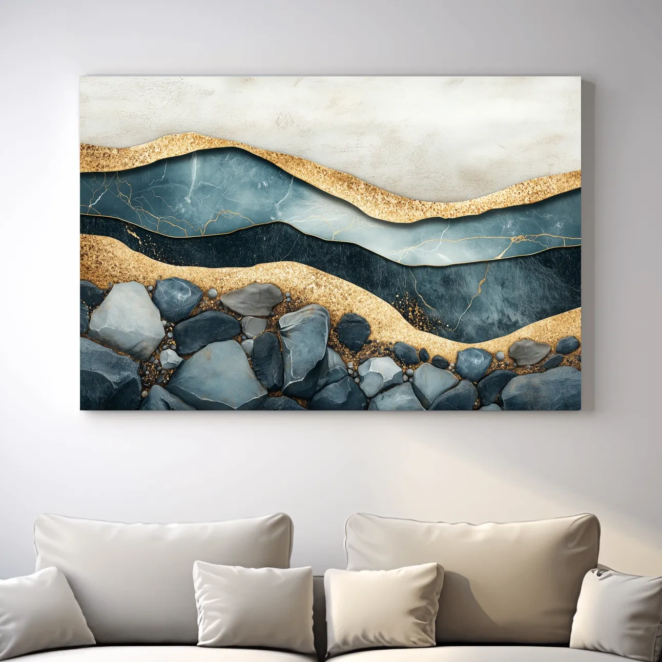 Elegant riverbed sand and rock artwork, modern textured wall art with natural sediment layers