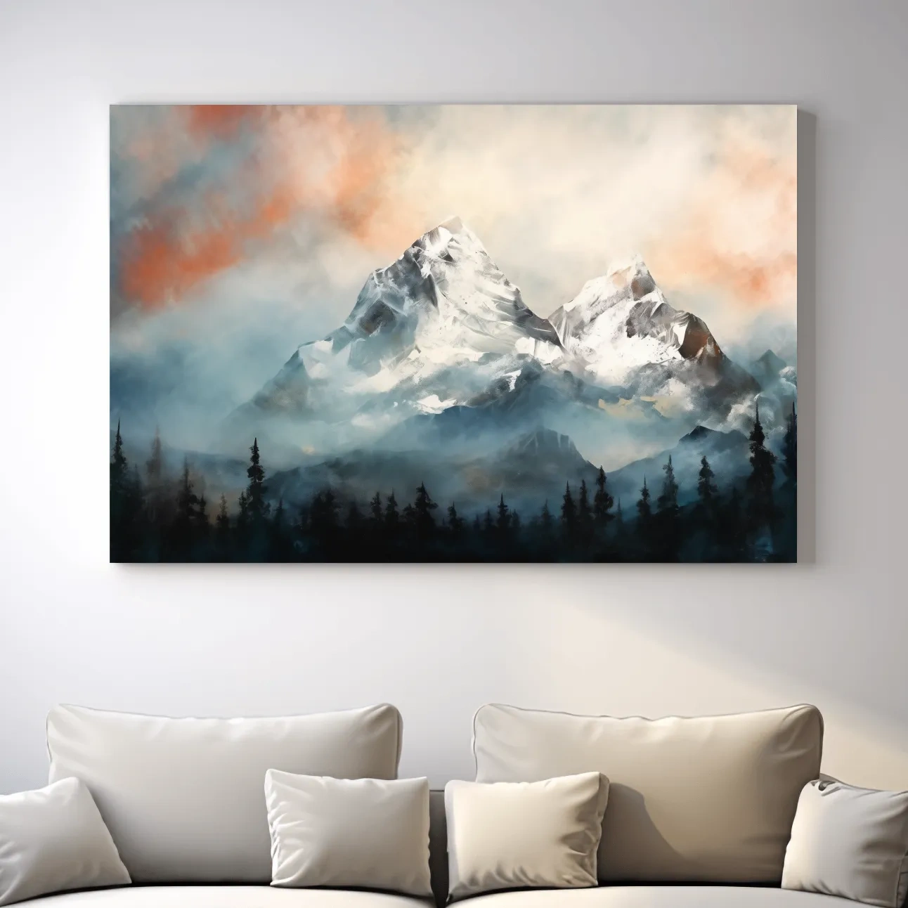 Impressionist mountain painting, sunset glacier in the mist