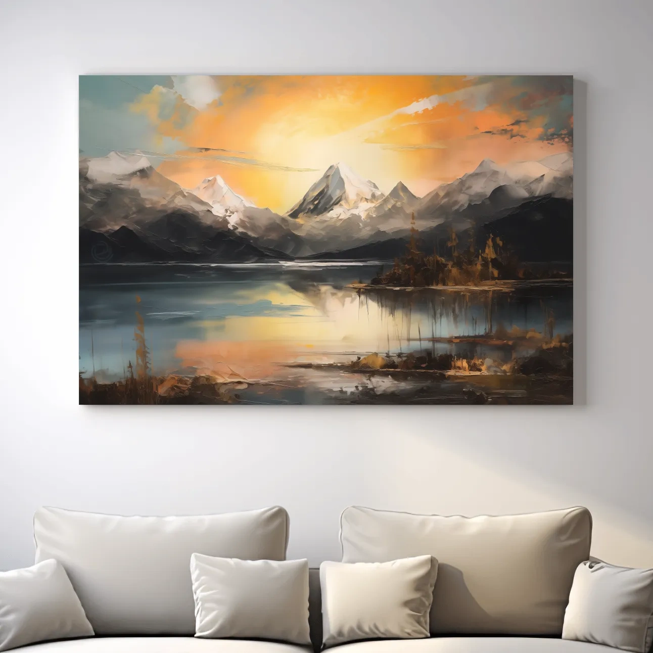 Alpine mountain sunrise over a tranquil lake, dramatic oil painting wall art