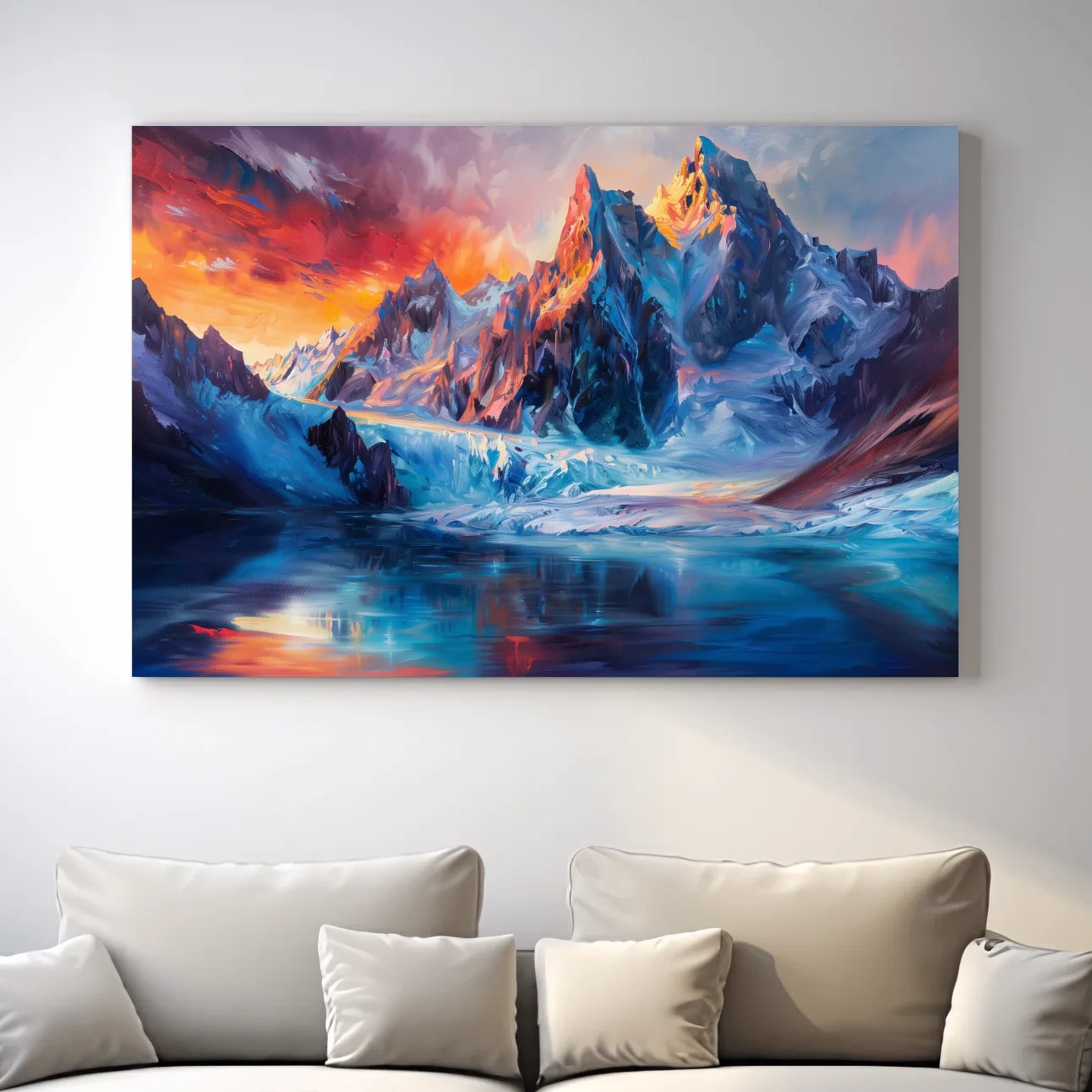 Abstract painting of an alpine glacier lake at sunset, mountain wall art