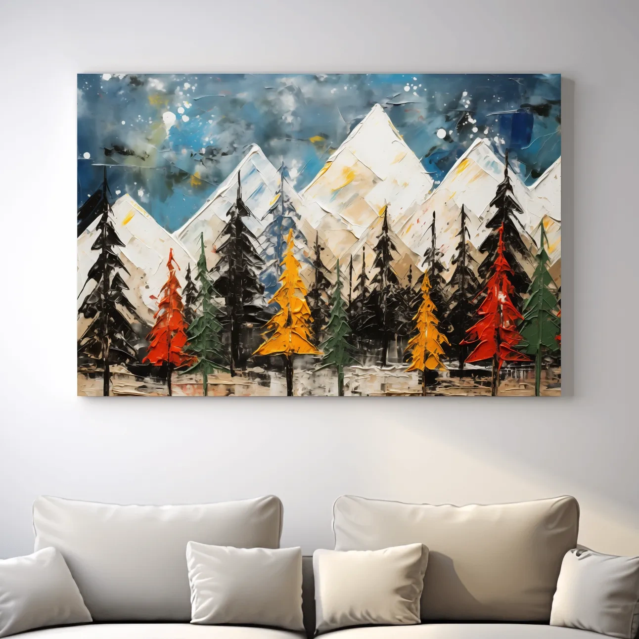 Textured Abstract Oil Painting Style Mountain Forest - Colorful Autumn Pines Landscape Wall Art