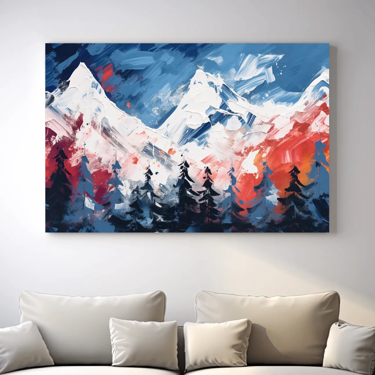 Bold rustic abstract mountain artwork, vibrant brushstroke painting of snowy peaks and forest