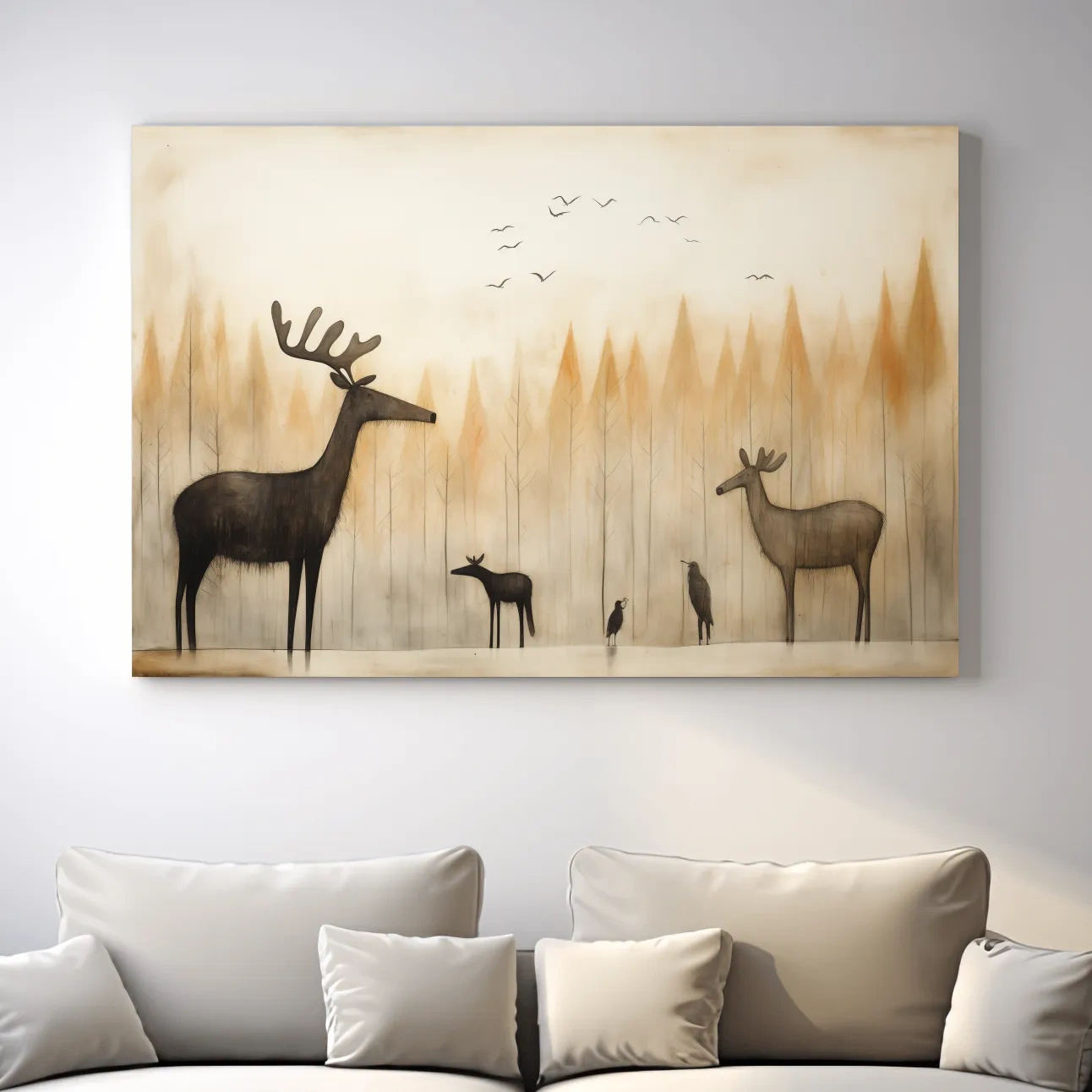 Minimalist Woodland Deer Family Illustration - Scandinavian Nursery Forest Wall Art