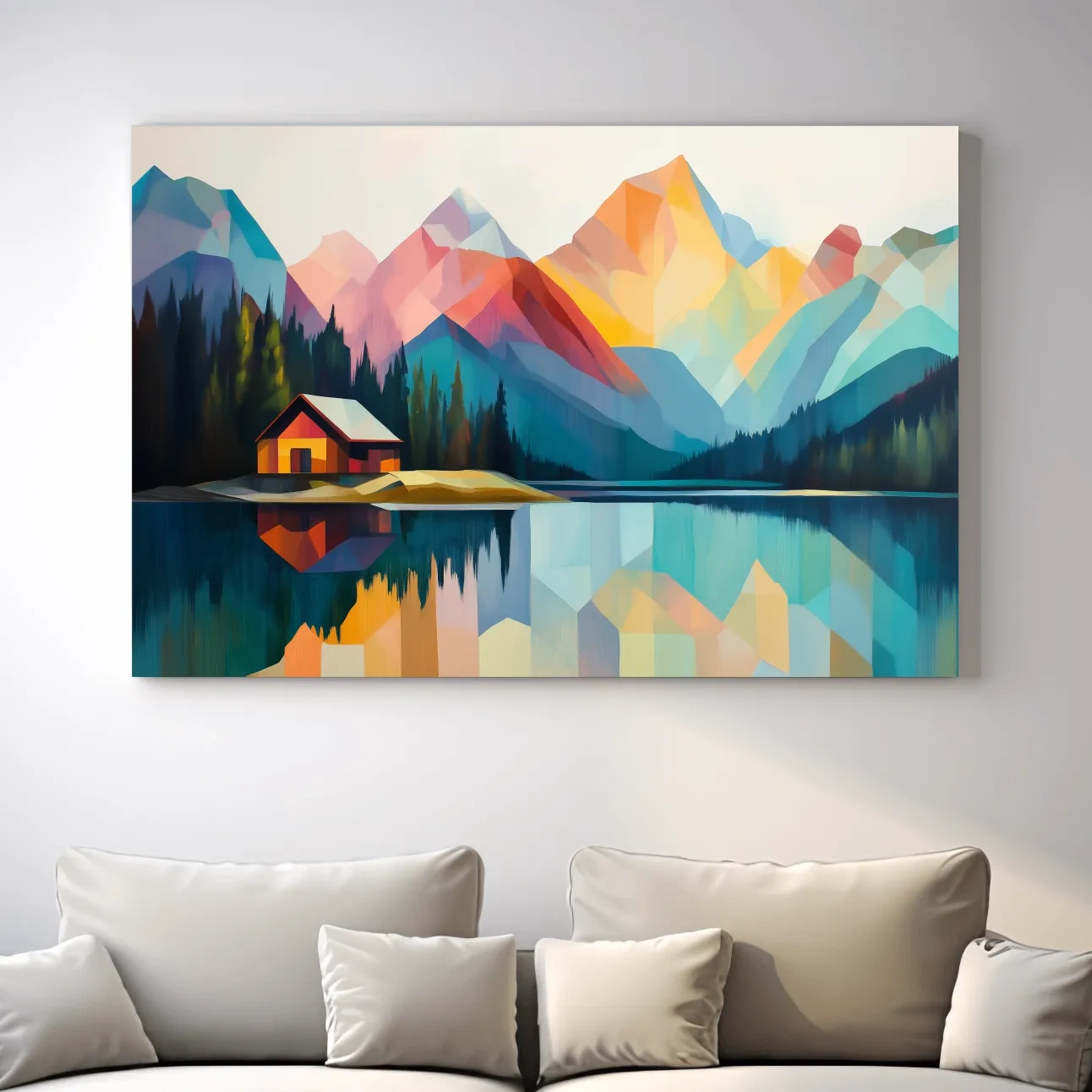 Colorful mountain cabin artwork, geometric landscape wall art