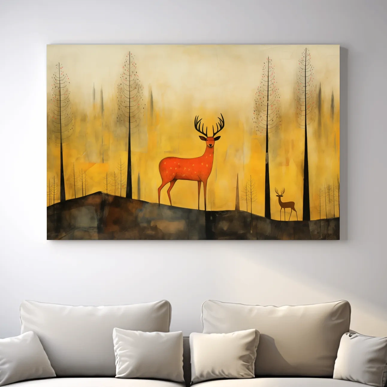 Whimsical Deer In Autumn Forest - Golden Woodland Landscape Wall Art