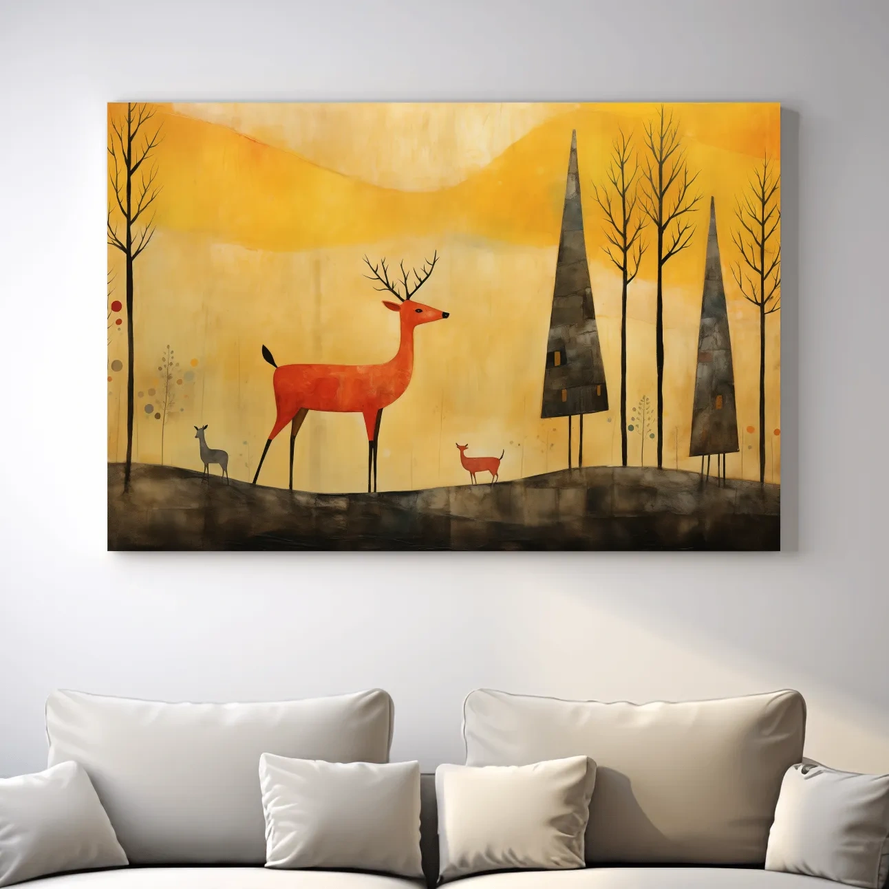 Red deer in an autumn forest landscape, quirky painting artwork