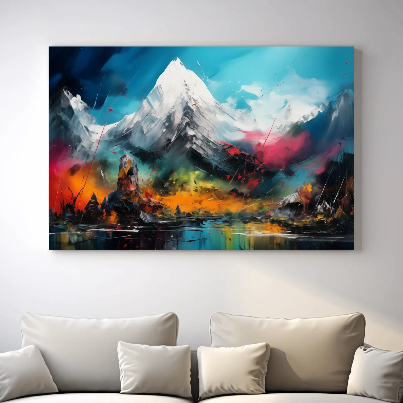 Abstract vibrant mountain wall art, impasto painting effect