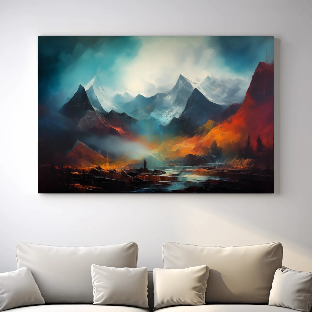Colorful impressionist painting, abstract mountain landscape artwork