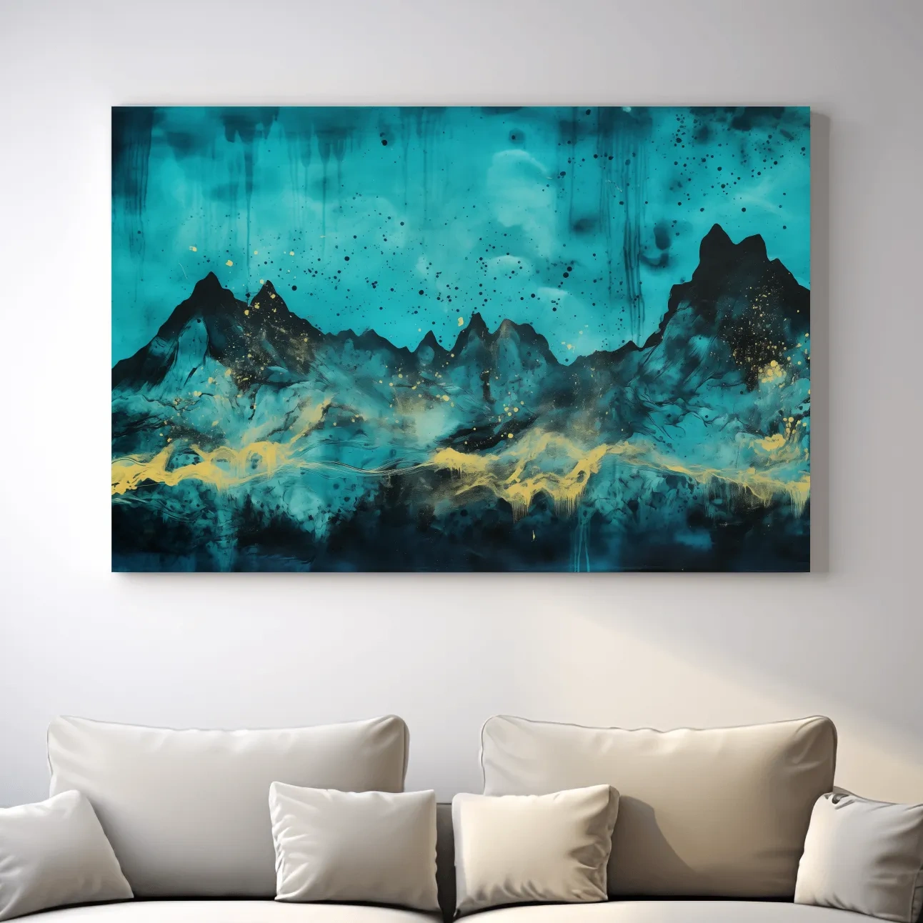 Mystical turquoise mountain wall art, abstract night sky with gold accents