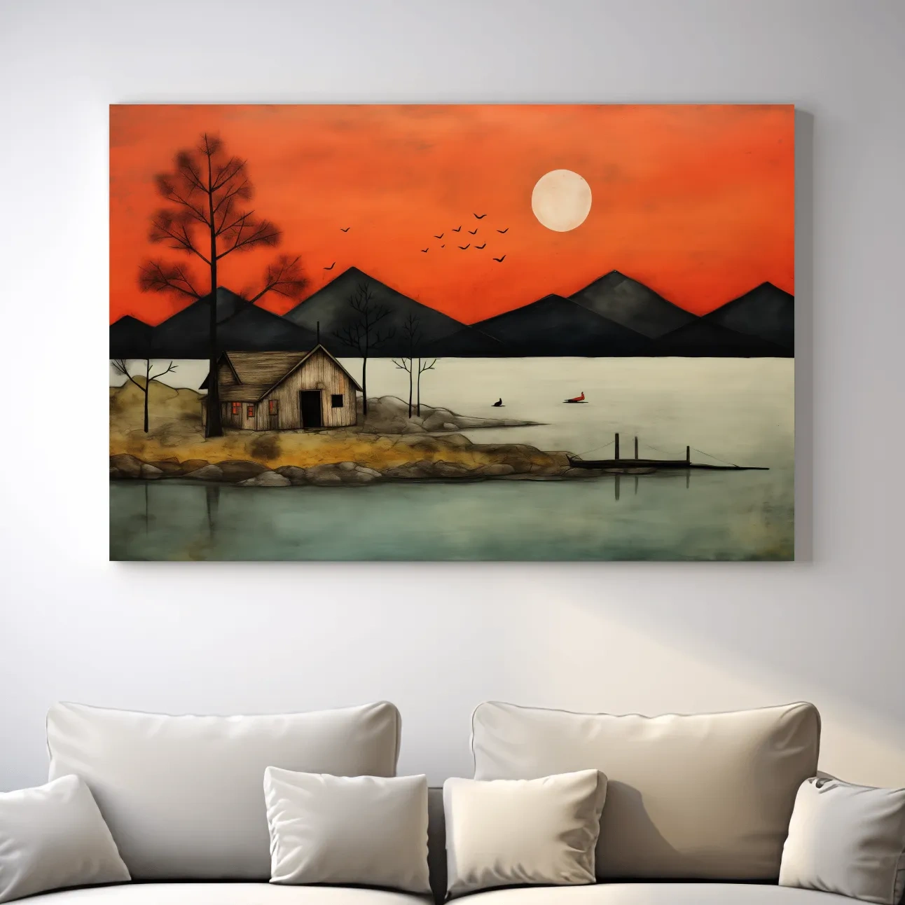 Rustic Lakeside Cabin Sunset Painting - Mountain Wall Art