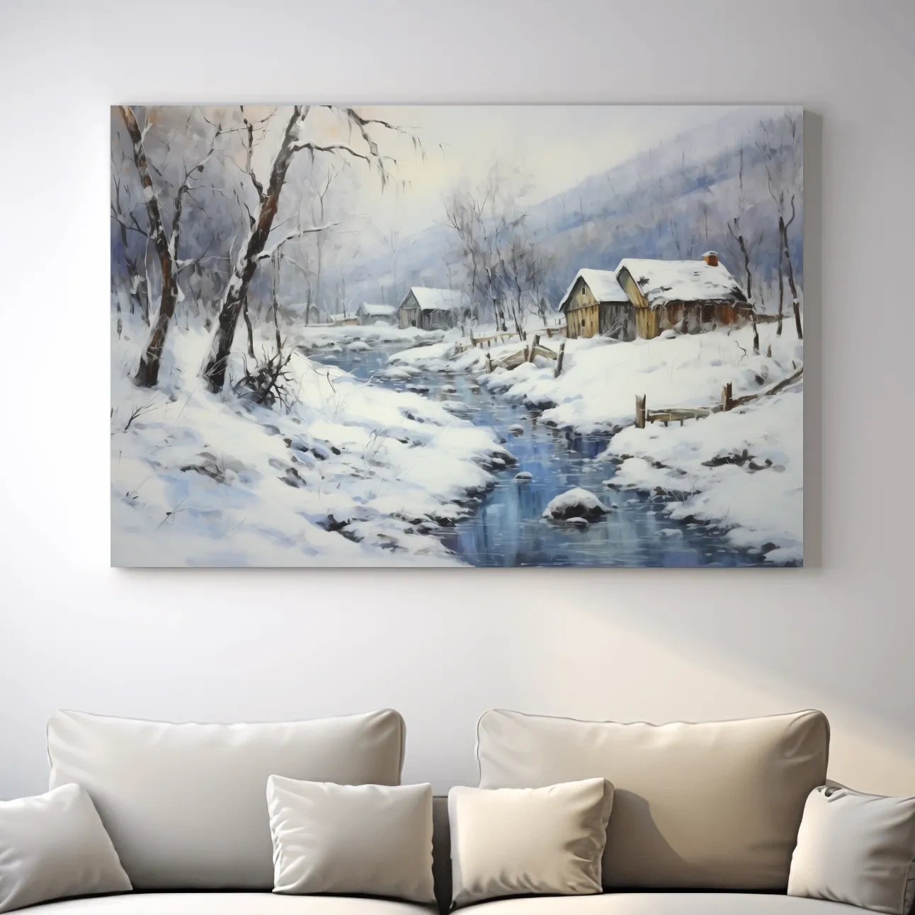 Snowy landscape artwork with rustic cabins beside a frozen stream, serene winter wall art