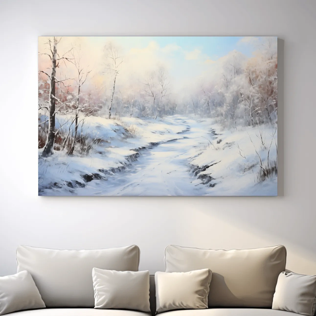 Winter landscape artwork, serene snowy forest path with soft pastel sky