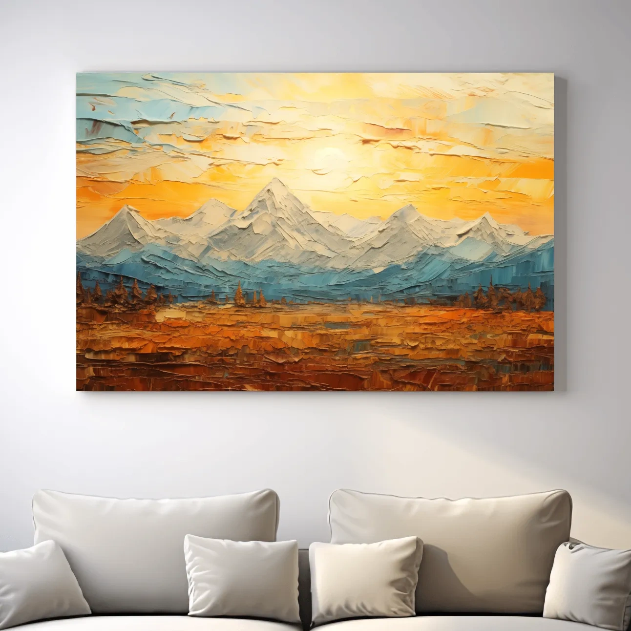 Glacier sunset mountain painting artwork, textured impasto effect