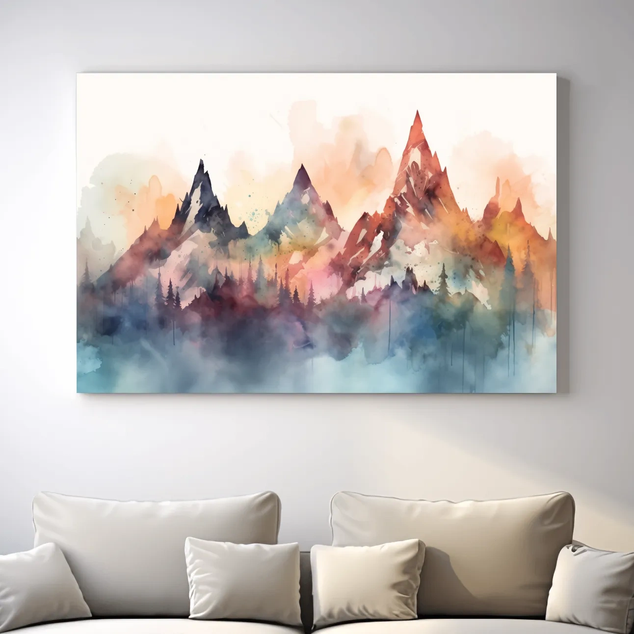 Colorful watercolor mountain wall art, serene misty landscape painting