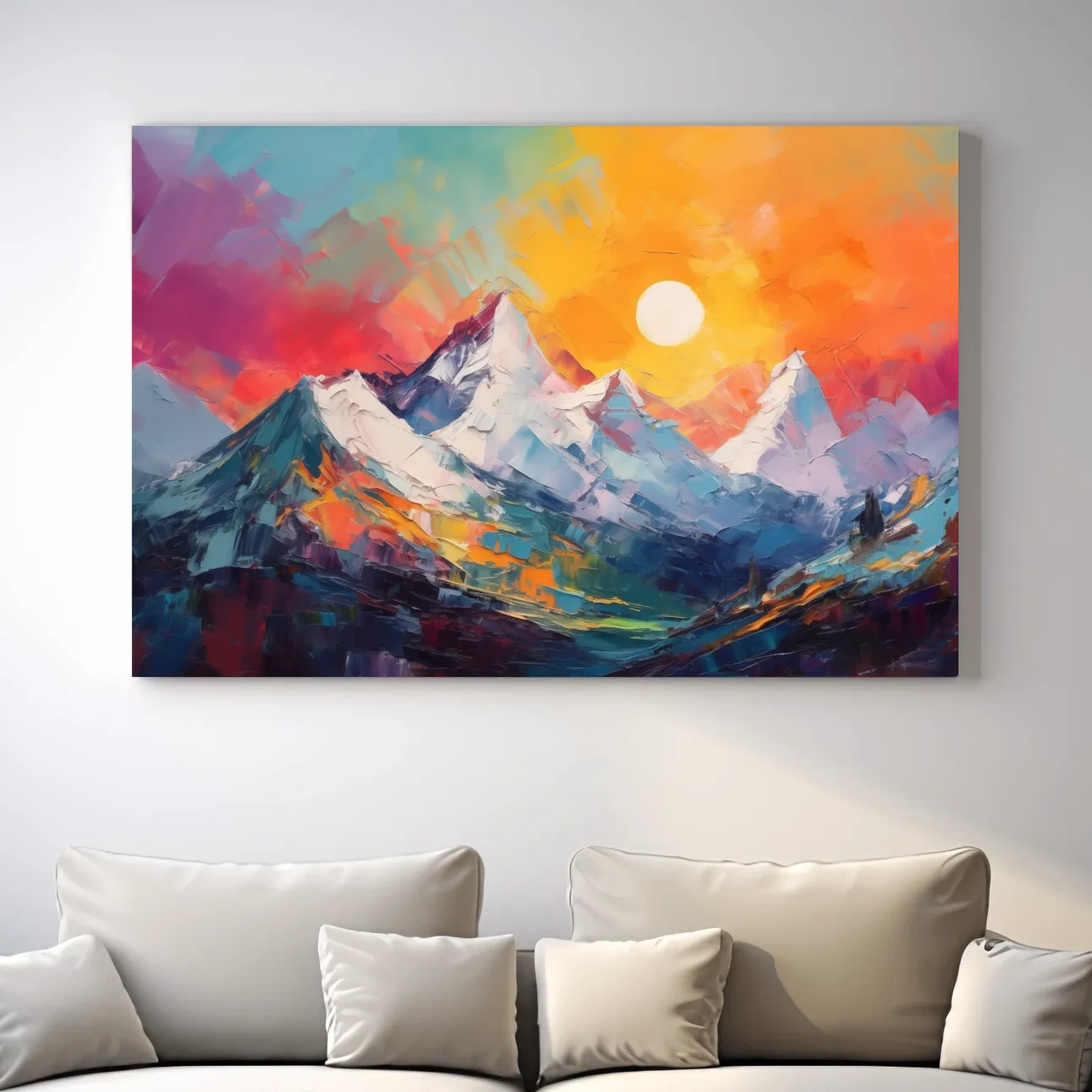 Vibrant Impasto Mountain Sunset Painting - Colorful Abstract Alpine Wall Art