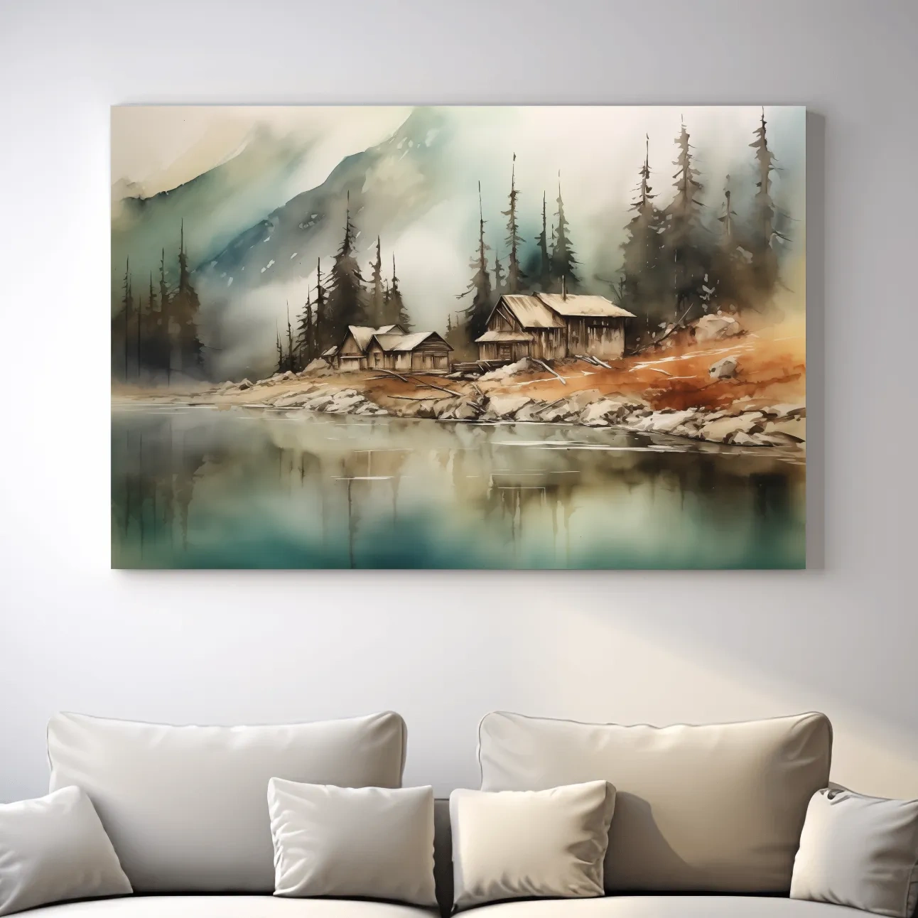 Rustic alpine mountain lake cabins, watercolor style landscape wall art