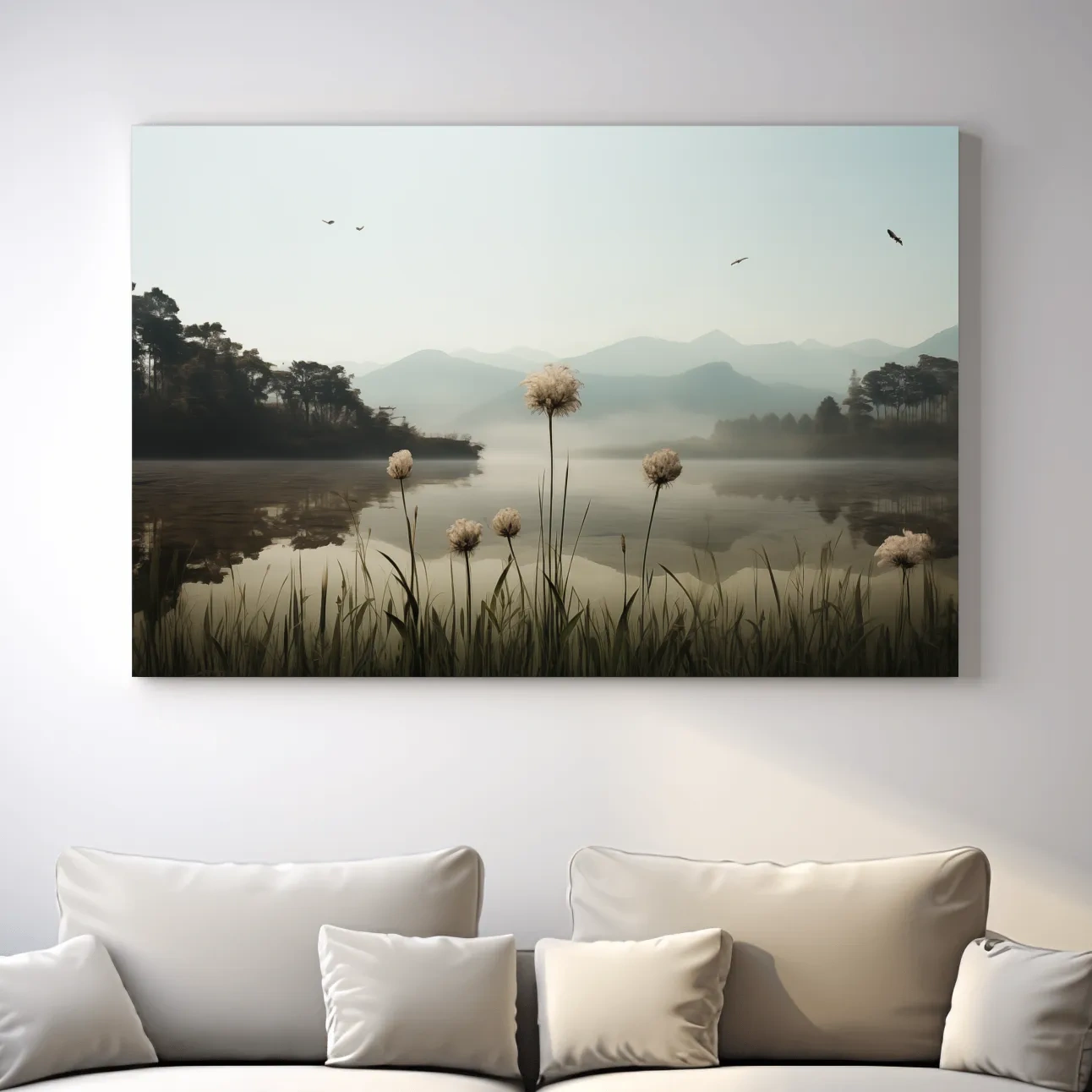 Photographic art painting of dandelions on the lake