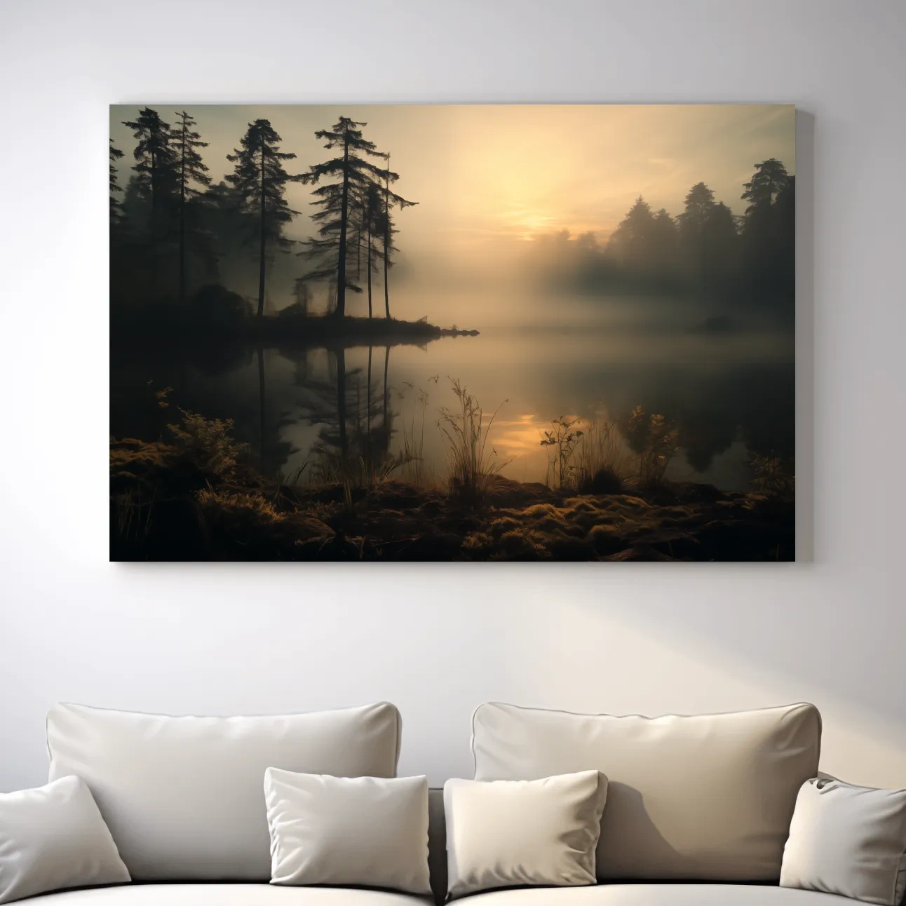 Photographic art of a misty lake at sunrise