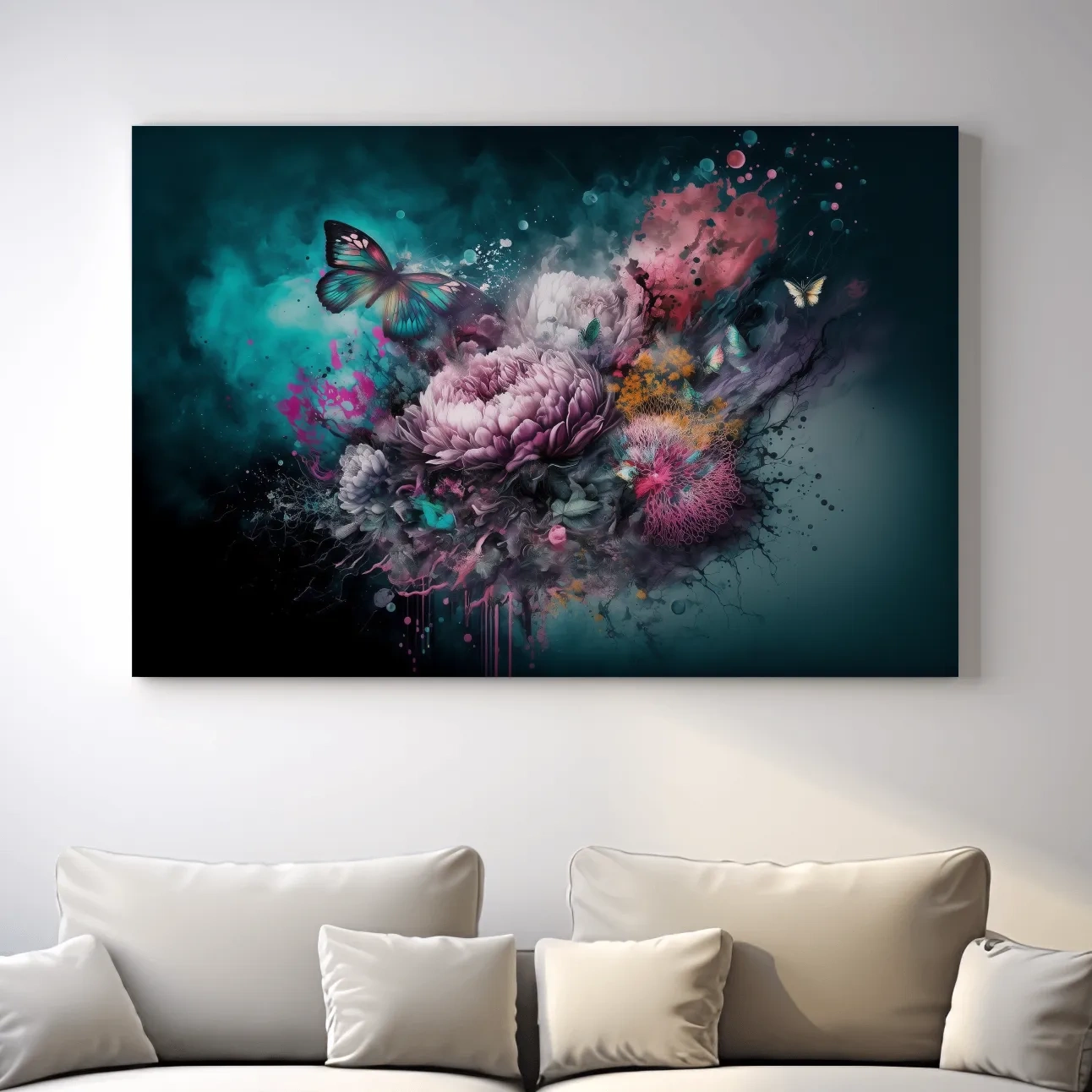 Fantasy floral explosion artwork with butterflies, vibrant abstract wall art