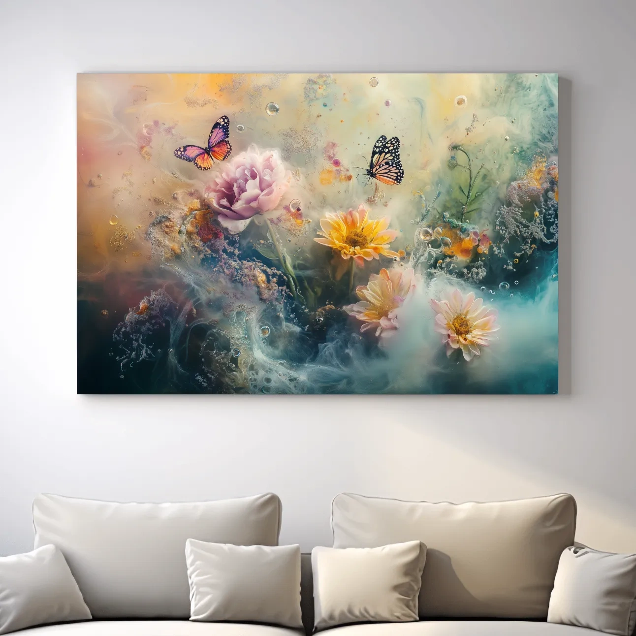 Abstract butterfly and flower wall art painting, dreamy pastel artwork