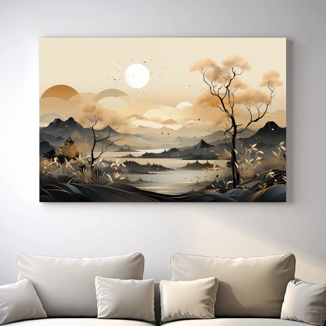 Japandi Misty Mountain Lake Landscape - Boho Wall Artwork