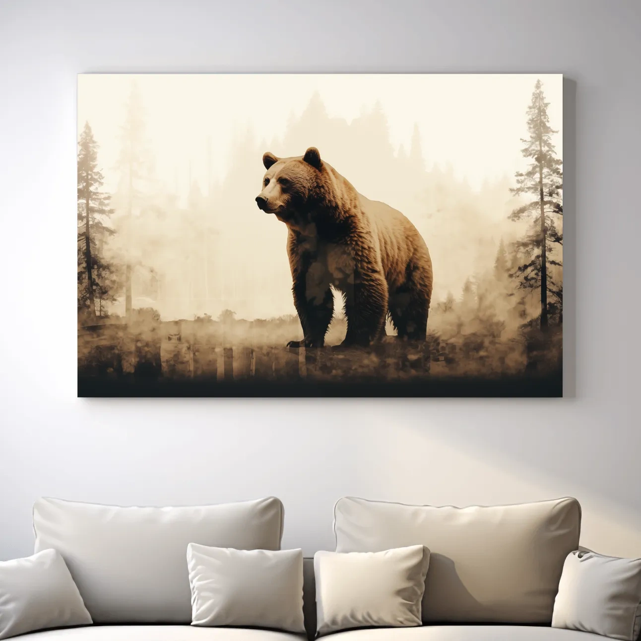 Grizzly bear in the forest, double exposure sepia photography artwork