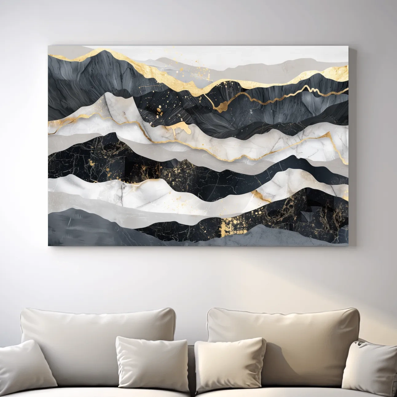 Abstract elegant artwork, layered mountain ridgelines, gold leaf style modern wall art