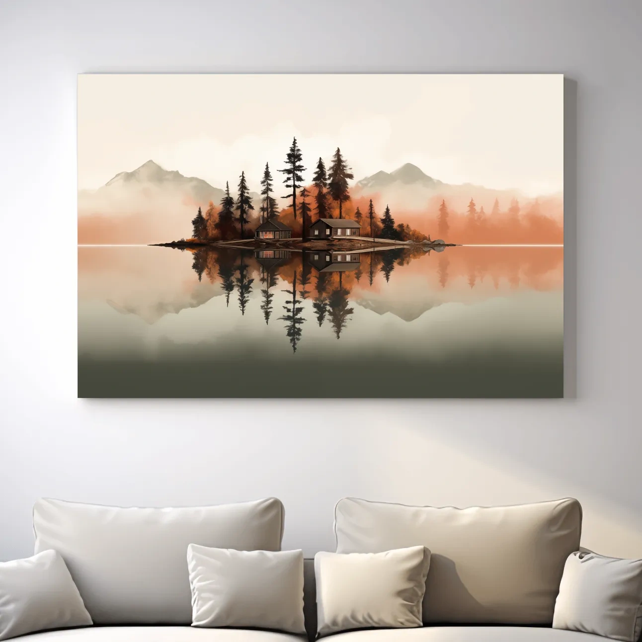 Minimalist Misty Lake Cabin Reflection - Autumn Mountain Landscape Wall Art