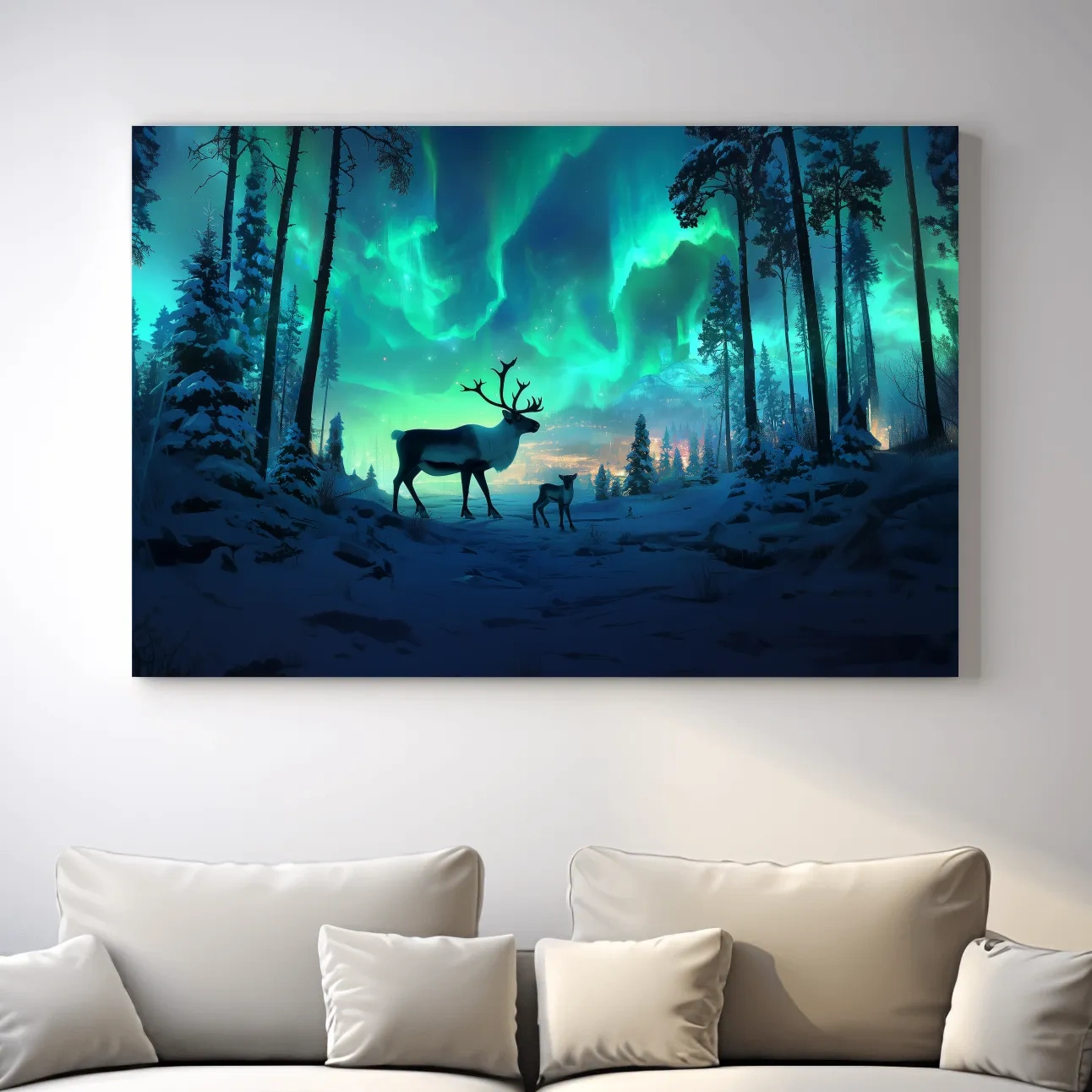Caribou buck and fawn under vibrant northern lights in a snowy winter forest