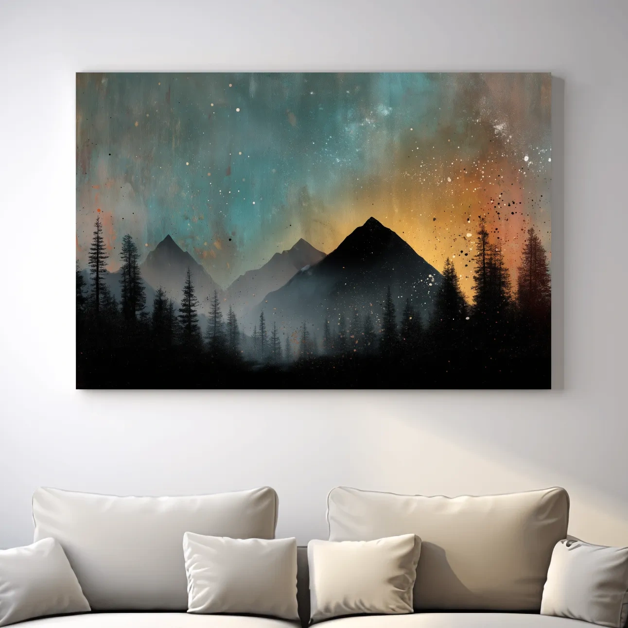 Colorful mountain sunrise artwork, misty forest and starry sky painting