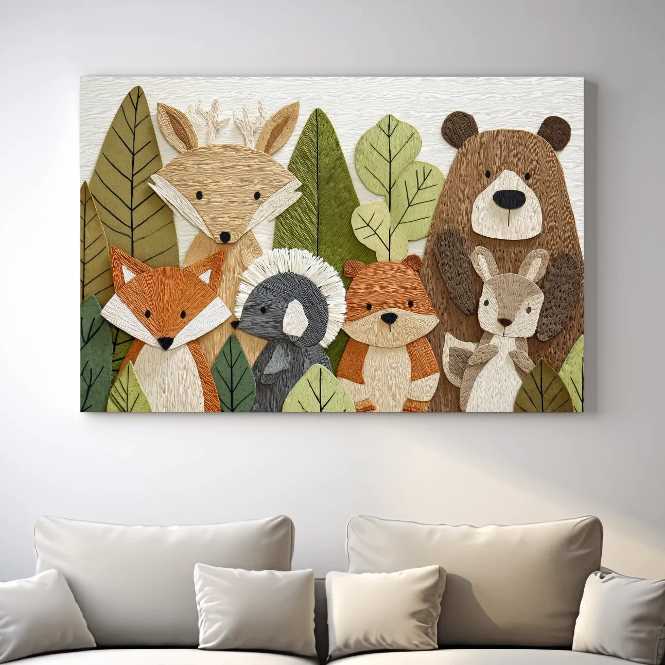 Woodland Animal Nursery Decor - Cute Forest Animals Embroidery Style Wall Art