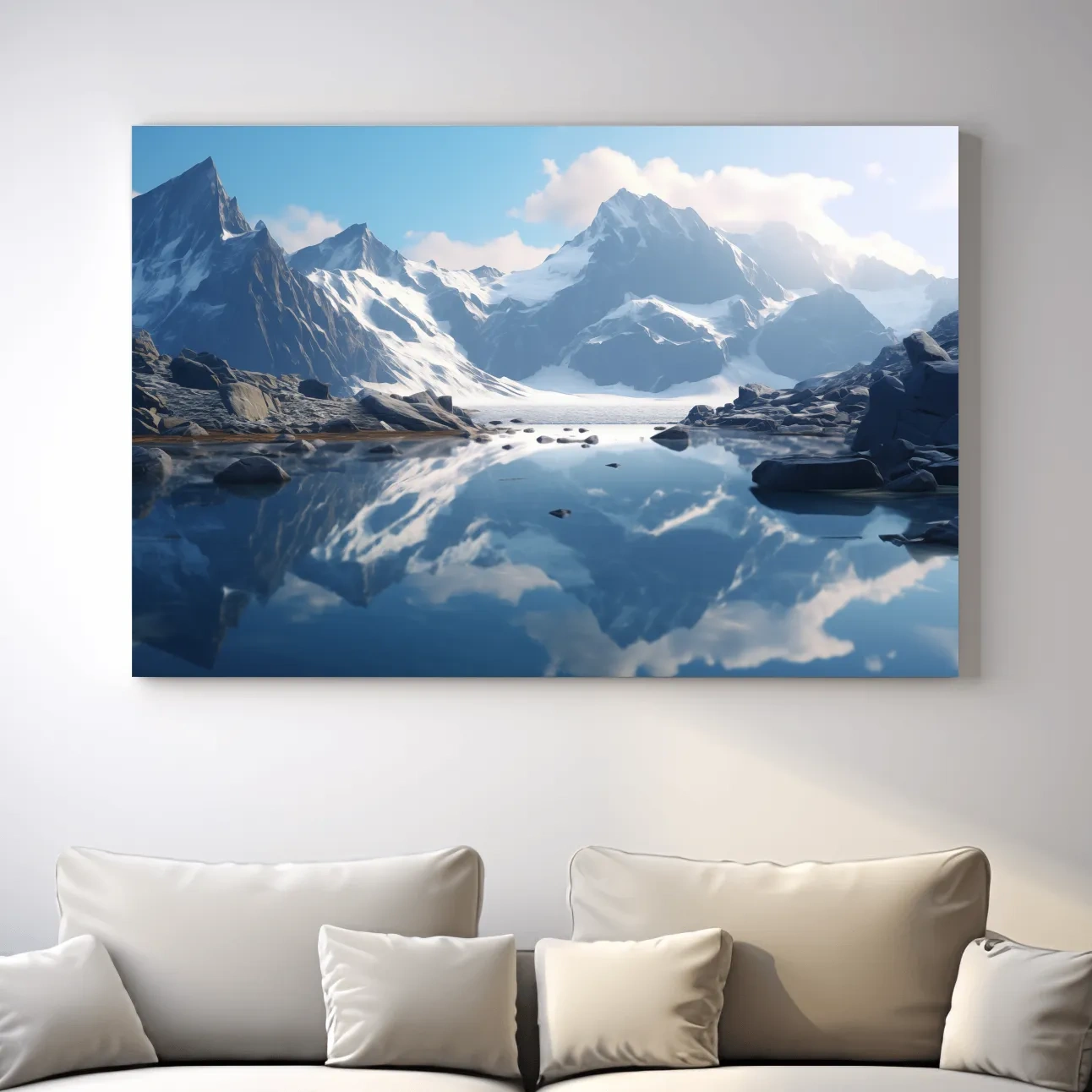 Majestic Snowcapped Mountain Lake Artwork - Serene Alpine Photography Wall Art