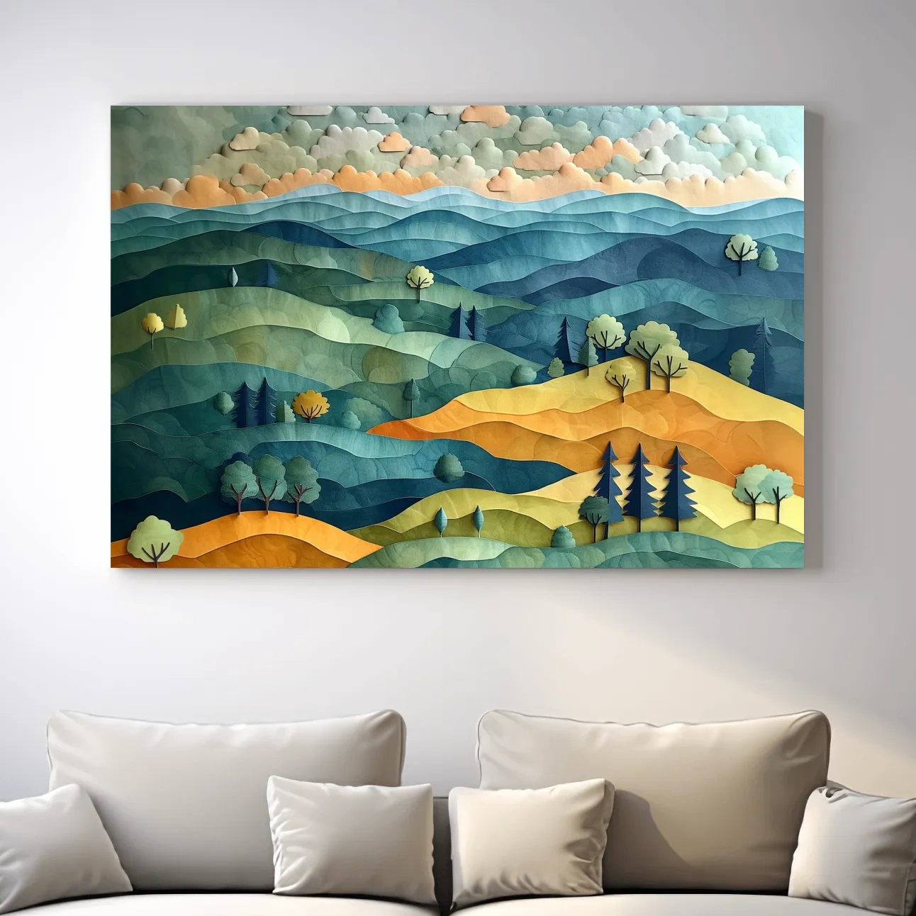 Colorful rolling hills and trees artwork, layered paper cutout effect