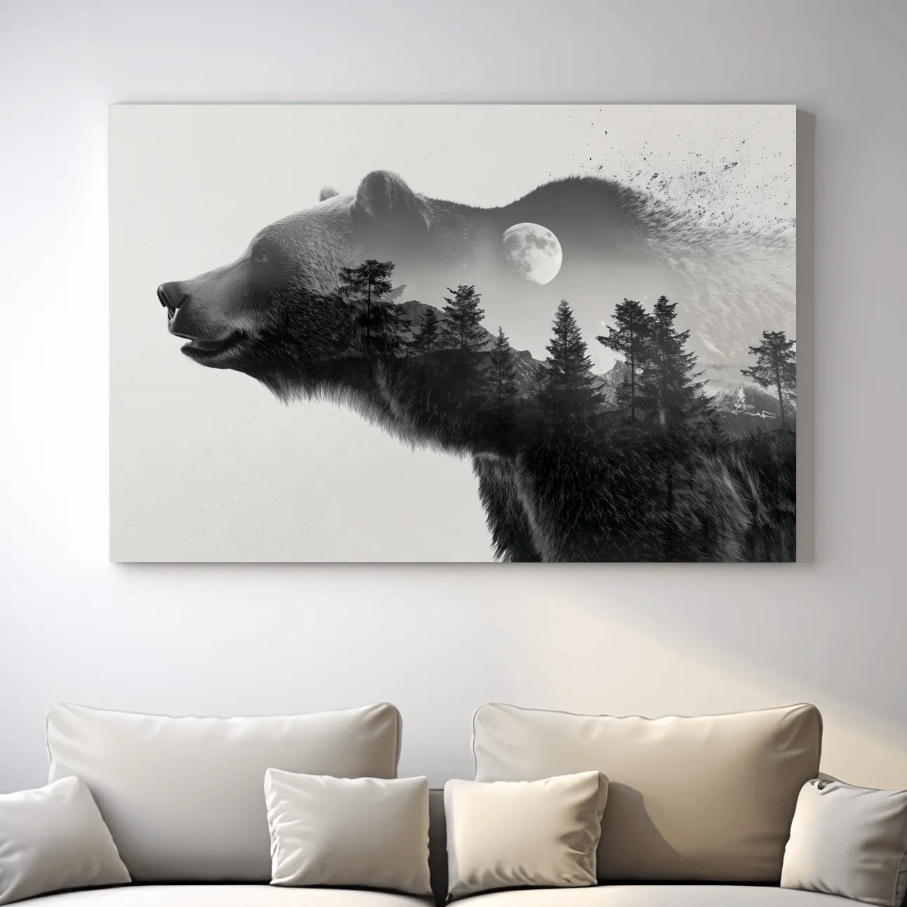 Black And White Grizzly Bear Double Exposure - Moonlit Pine Forest Mountain Wall Art