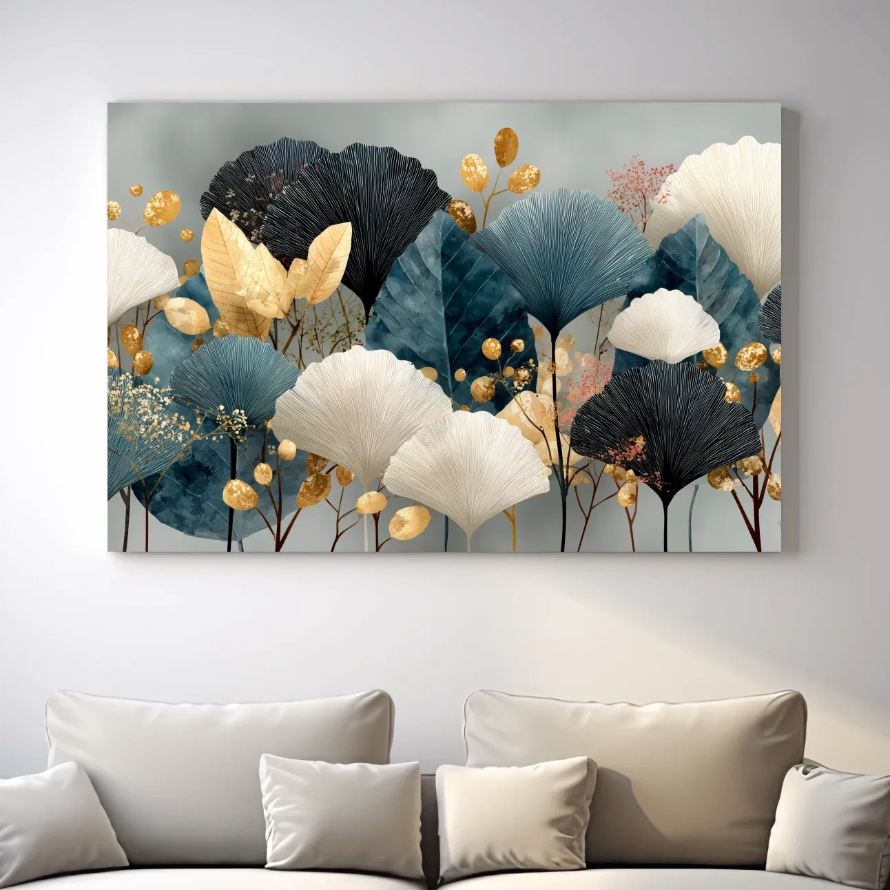Luxury ginkgo leaf wall art, botanical boho artwork with elegant gold accents