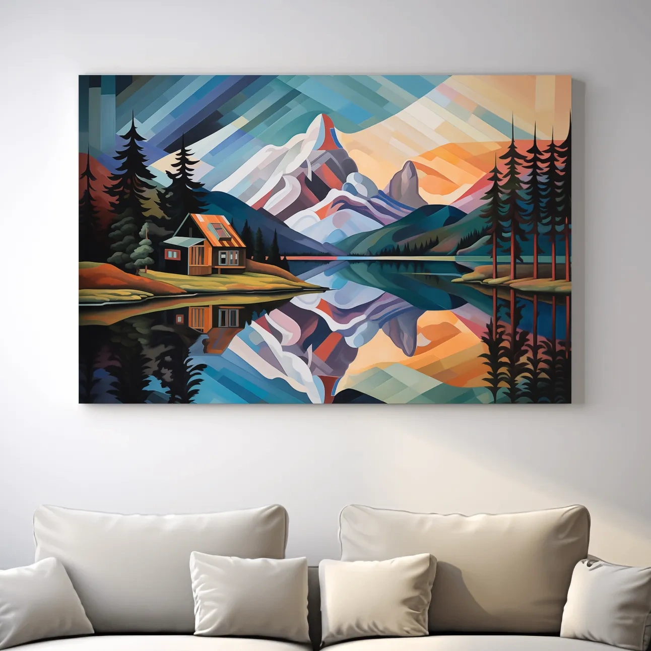 Mountain Cabin by the Lake Canvas Print - Abstract Oil Painting Sunset Wall Art
