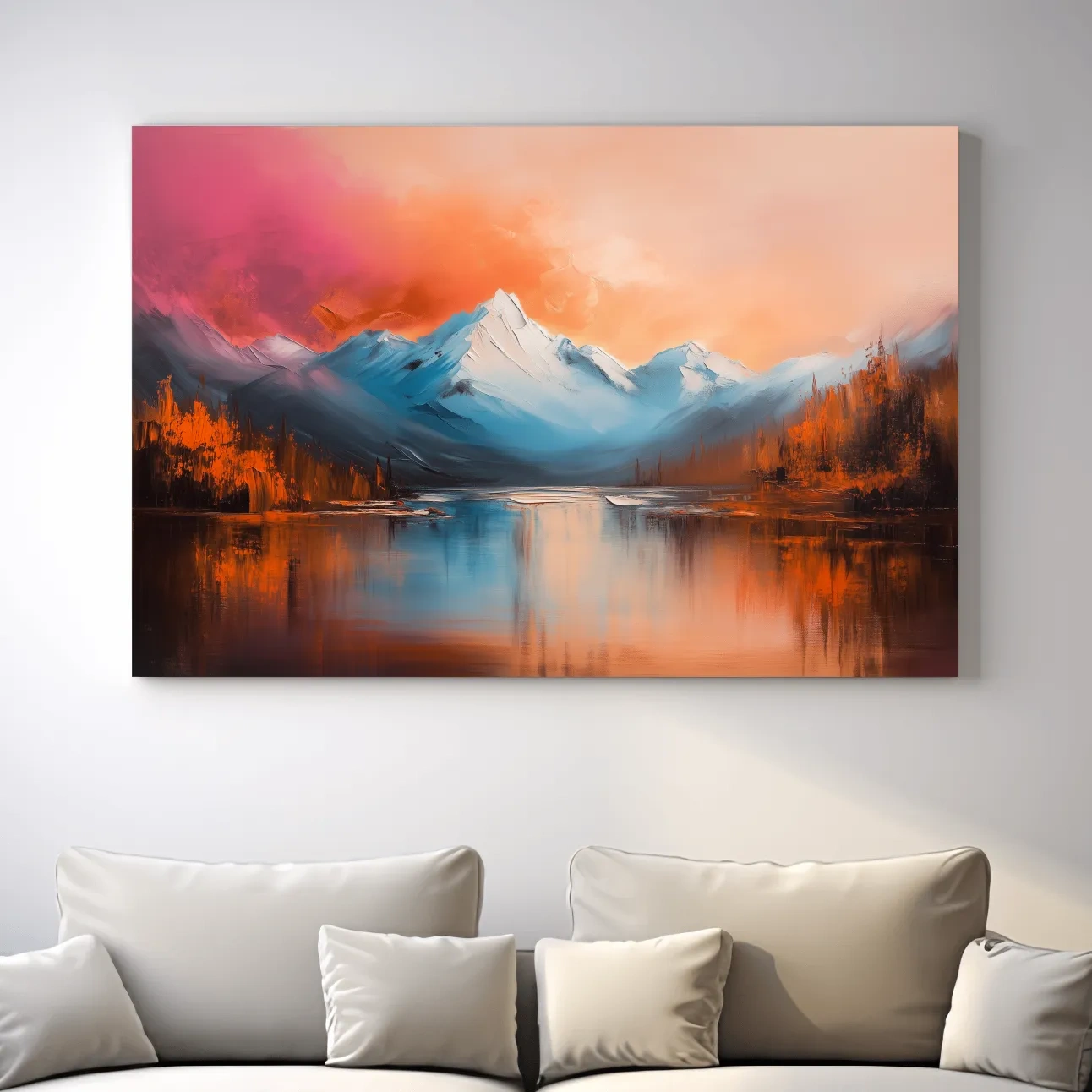 Textured Sunset Mountain Lake Painting - Serene Abstract Landscape Wall Art