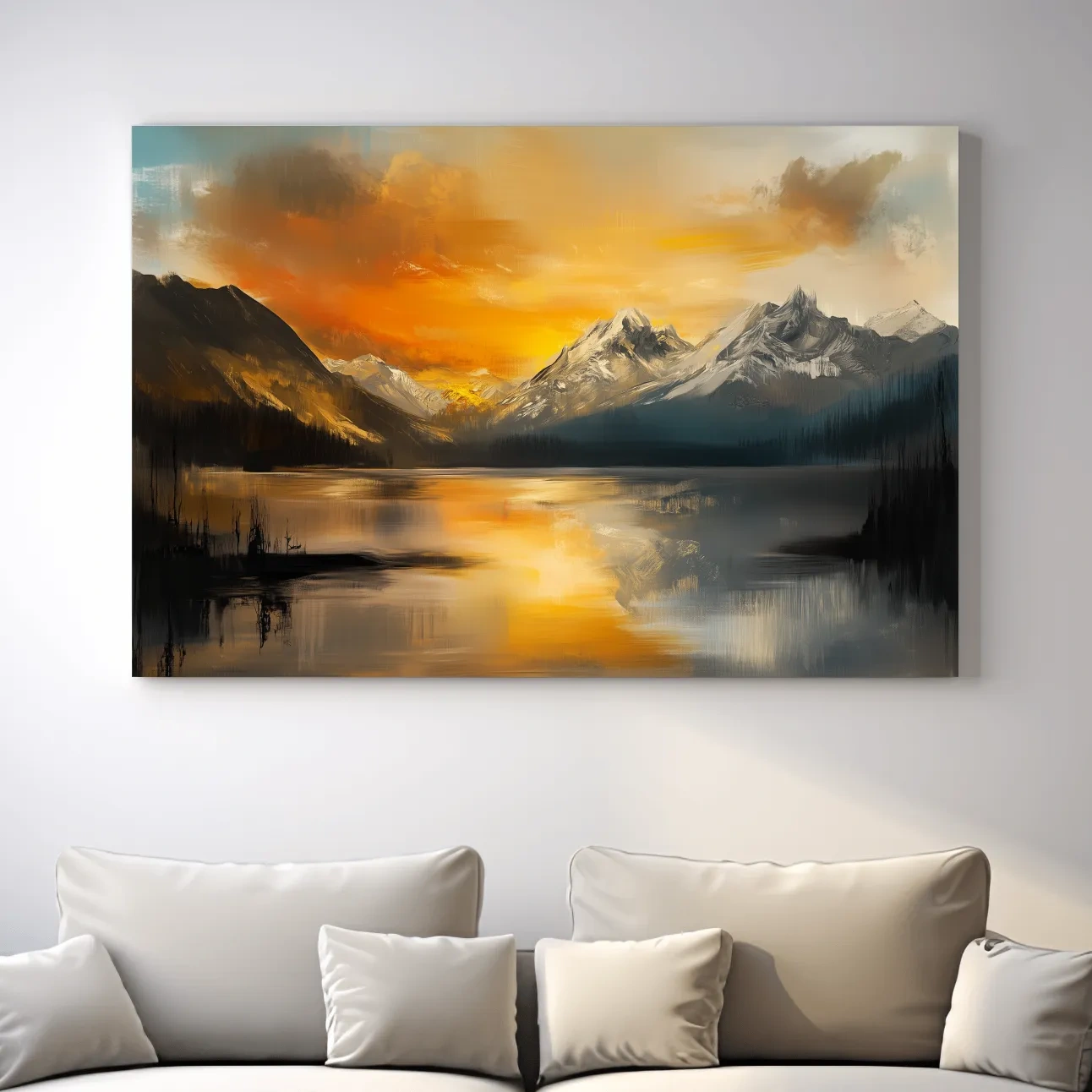 Moody Alpine Mountain Lake Sunset Painting - Oil Painting Style Wall Art