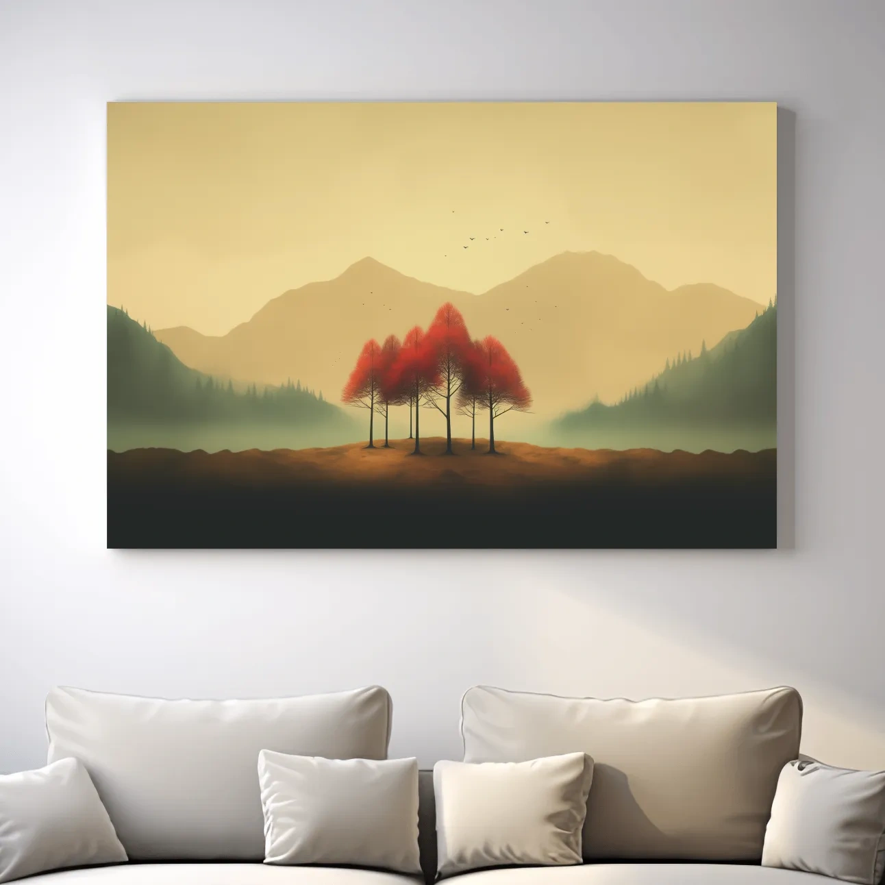 Minimalist Autumn Tree Grove Landscape - Misty Mountain Forest Wall Art