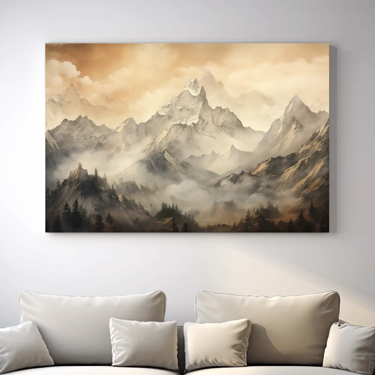 Moody Sepia Misty Mountain Peaks - Atmospheric Alpine Landscape Painting Wall Art