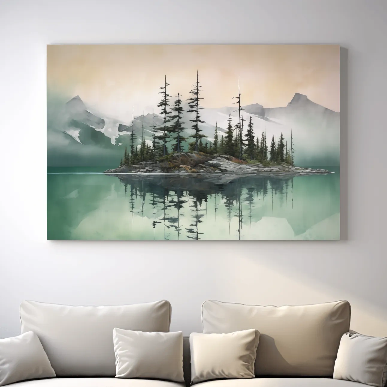 Misty Turquoise Alpine Lake Reflection - Serene Watercolor Mountain Landscape Wall Art