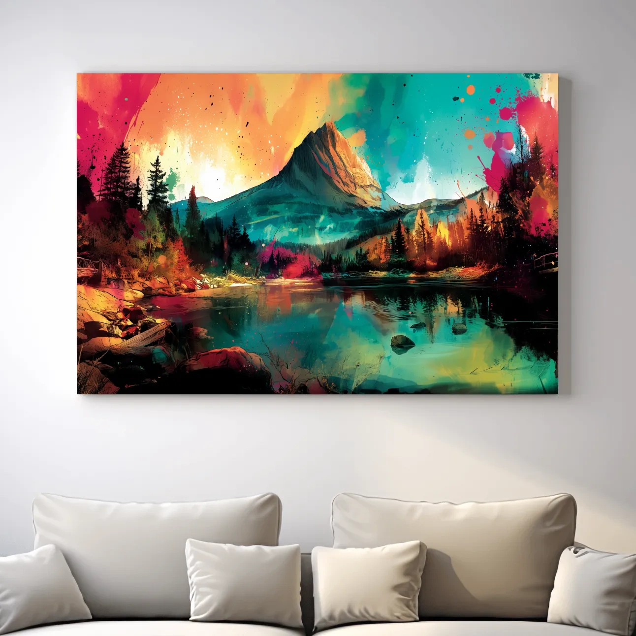 Vibrant Abstract Alpine Mountain Sunrise - Colorful Watercolor Style Artwork
