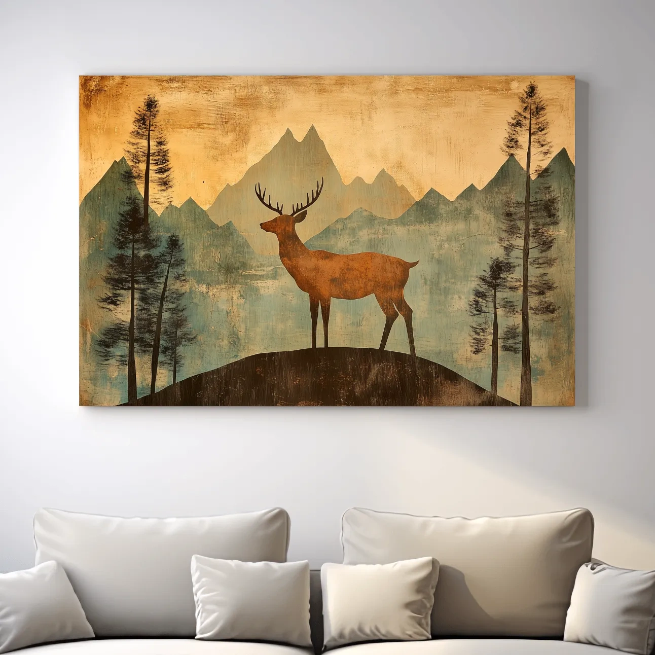 Rustic Deer Silhouette Mountain Landscape - Vintage Textured Woodland Wall Art