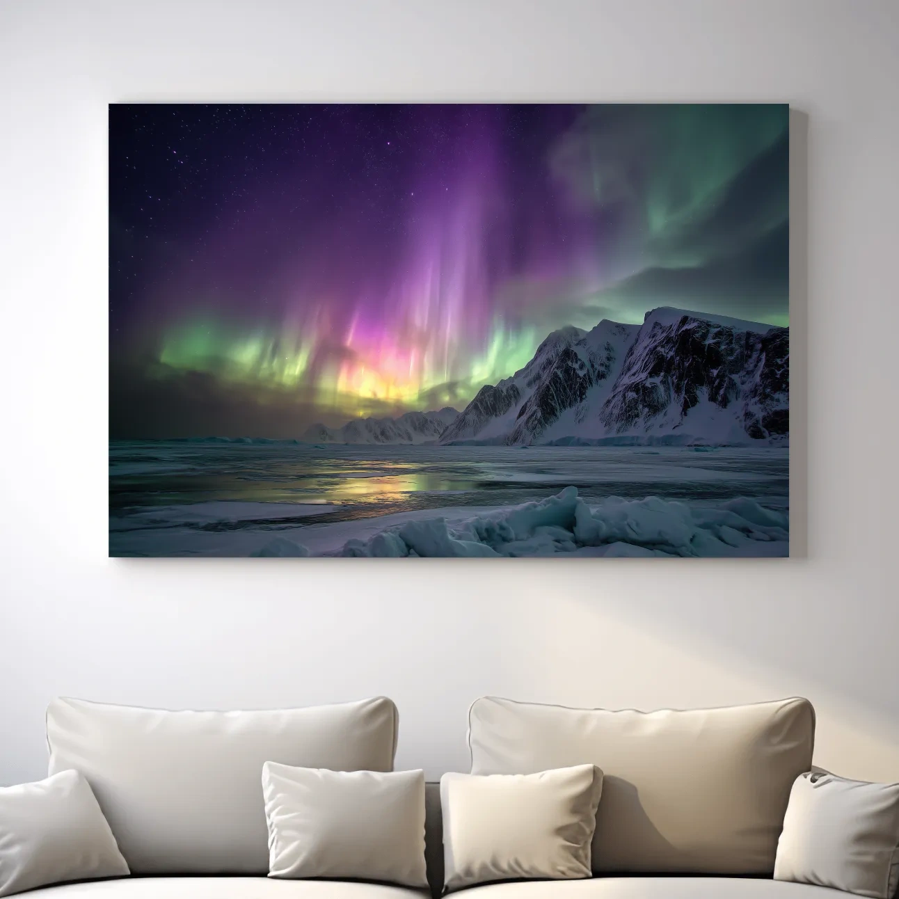 Vibrant Northern Lights Over Snowy Mountains - Aurora Borealis Photographic Night Sky Wall Art