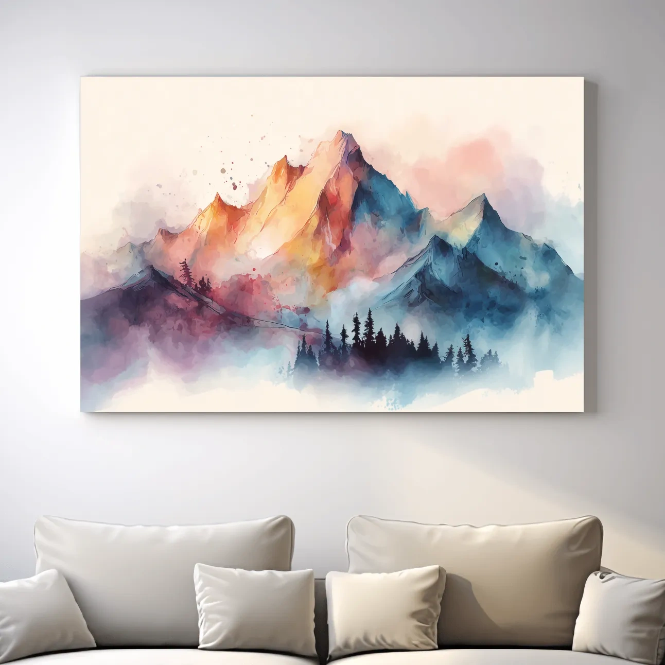 Vibrant Watercolor Mountain Peaks - Colorful Misty Alpine Forest Wall Art