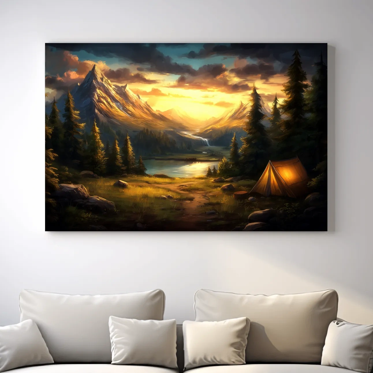 Golden Sunset Alpine Camping Scene Impressionist Painting - Scenic Mountain Wall Art
