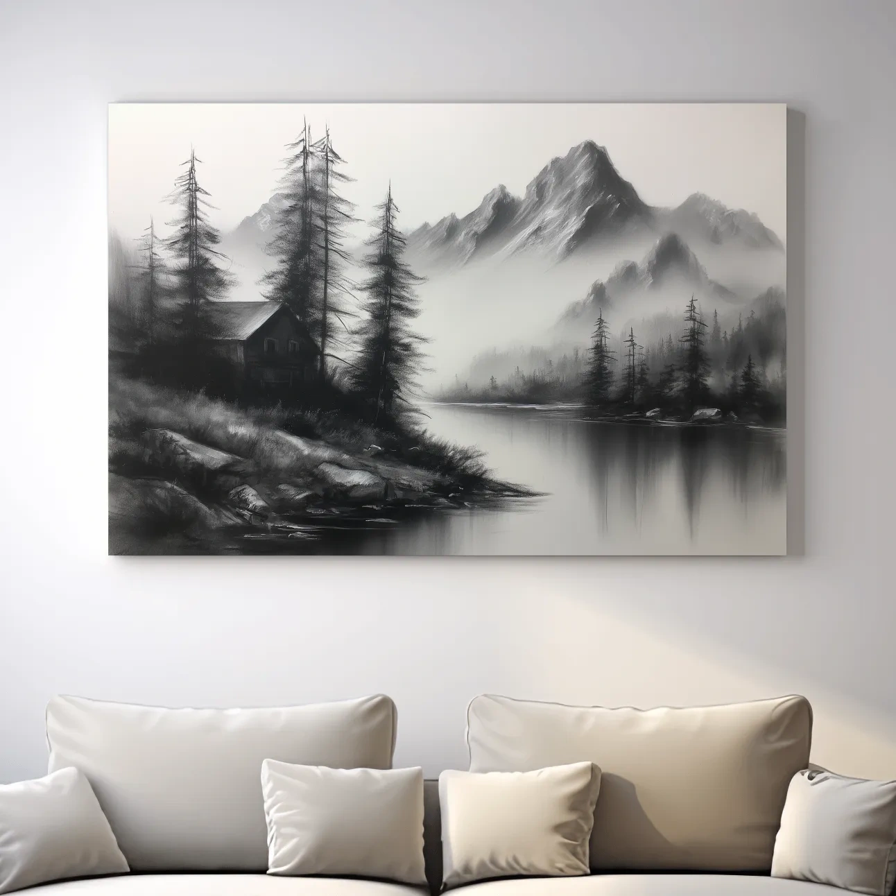 Moody Monochrome Alpine Lake Cabin - Charcoal Mountain Sketch Style Wall Art