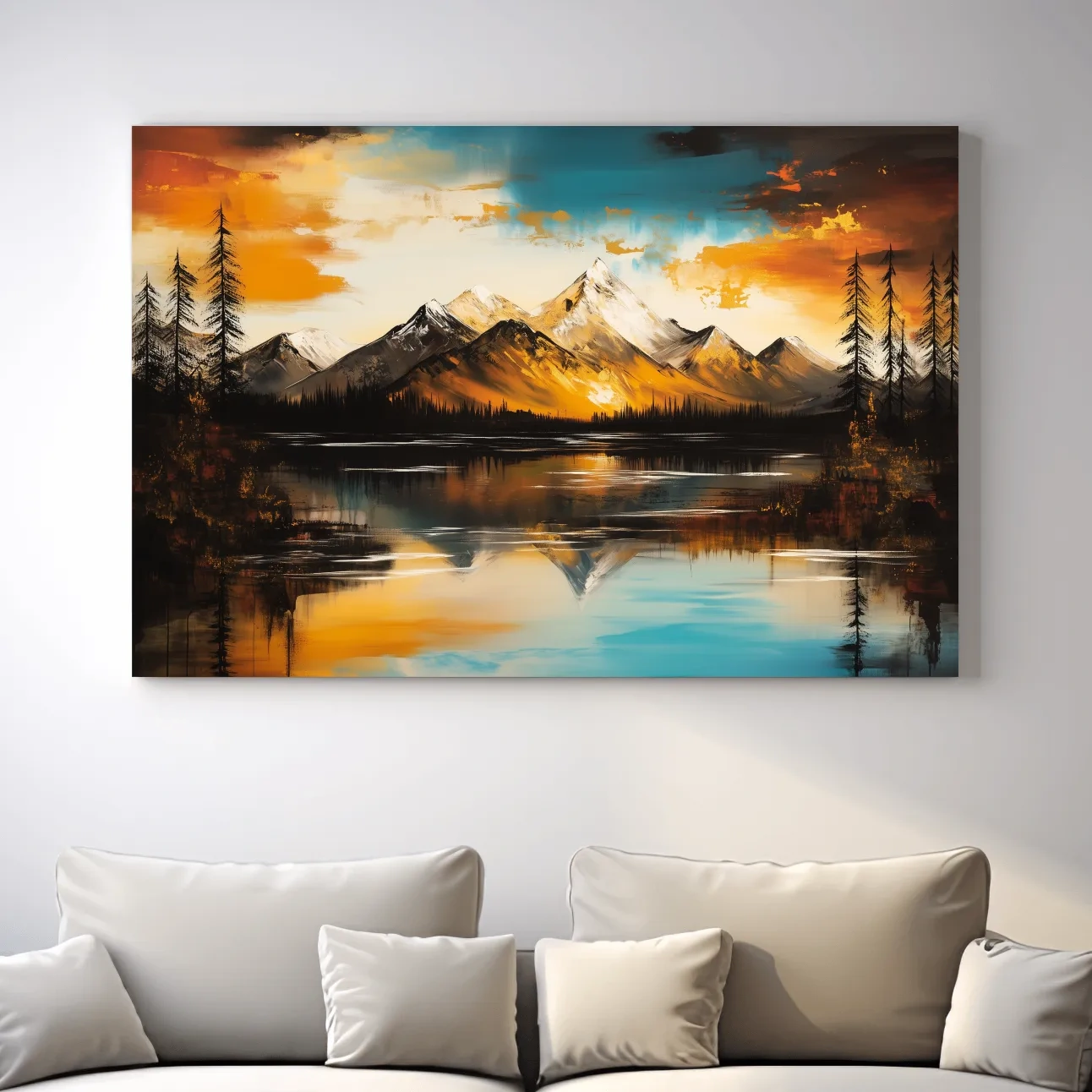 Alpine Mountain Sunset Oil Painting - Textured Abstract Landscape Wall Art