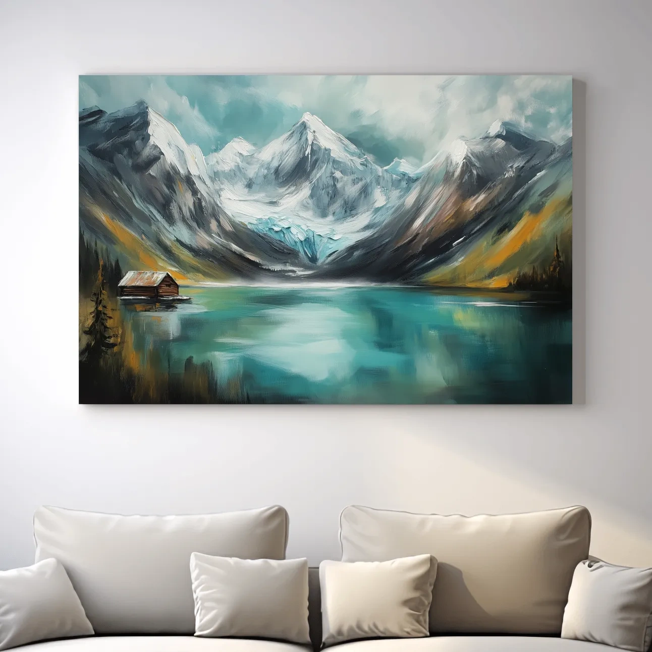 Turquoise Alpine Lake Cabin Painting - Snowy Mountain Landscape Wall Art